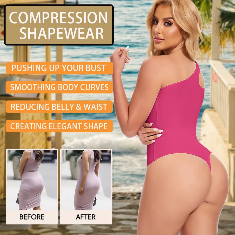Women'S Sexy Sloping One-Shoulder Camisole Shapewear Bodysuits Tummy Control Tank Top Body Shaper Sleeveless Leotards Slim Thong