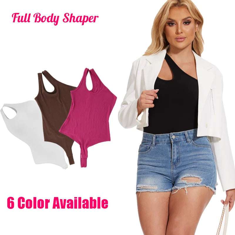 Women'S Sexy Sloping One-Shoulder Camisole Shapewear Bodysuits Tummy Control Tank Top Body Shaper Sleeveless Leotards Slim Thong