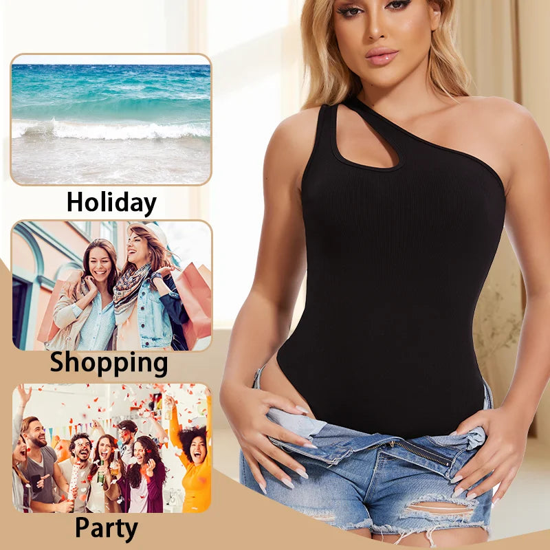 Women'S Sexy Sloping One-Shoulder Camisole Shapewear Bodysuits Tummy Control Tank Top Body Shaper Sleeveless Leotards Slim Thong