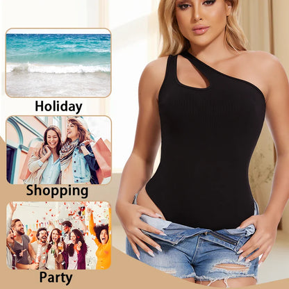 Women'S Sexy Sloping One-Shoulder Camisole Shapewear Bodysuits Tummy Control Tank Top Body Shaper Sleeveless Leotards Slim Thong