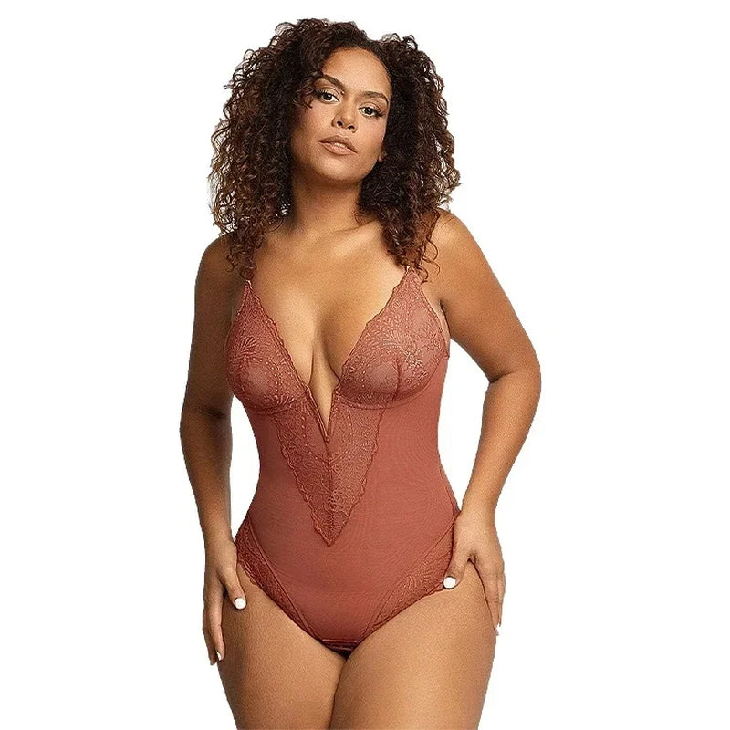 Sexy Lace Bodysuit V-Neck Vibrant Underwear Body Shaping Tummy Control Butt Lifting Strap Bodysuit plus Size G-String